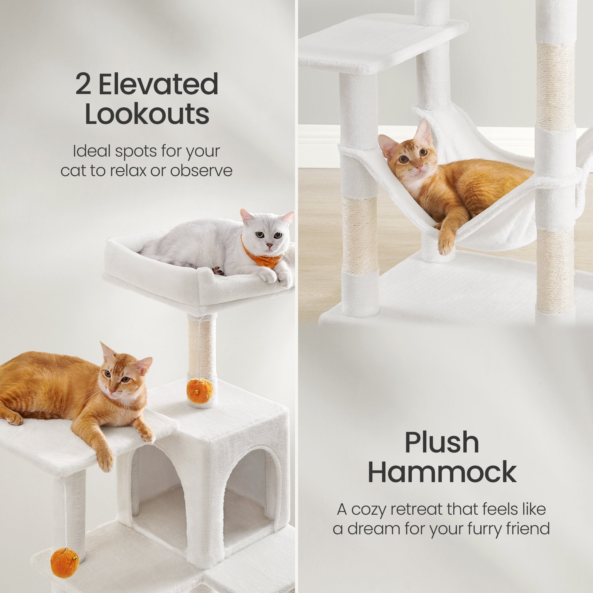 Multi-Level Cat Tree – Engineered Wood – Light Gray/Smoky Gray/Beige/Cream White – Featuring 4 Scratching Posts, 2 Perches, and Hammock