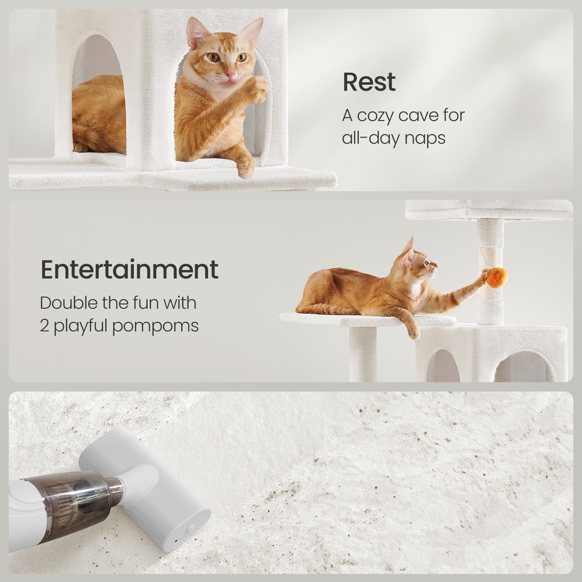 Multi-Level Cat Tree – Engineered Wood – Light Gray/Smoky Gray/Beige/Cream White – Featuring 4 Scratching Posts, 2 Perches, and Hammock
