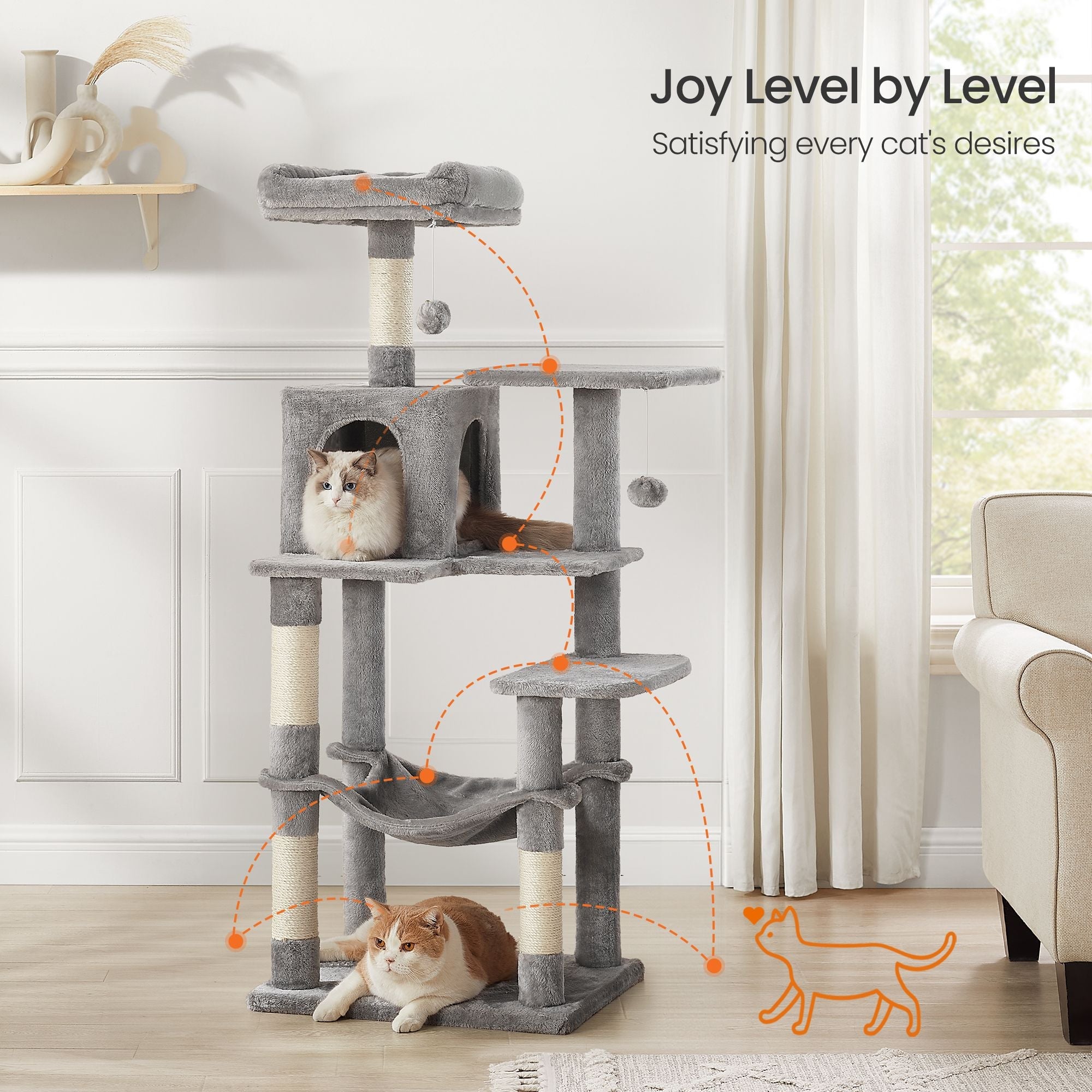 Cat Condo – Plush Fabric – Light Grey – Multi-Level with Scratching Posts and Perches