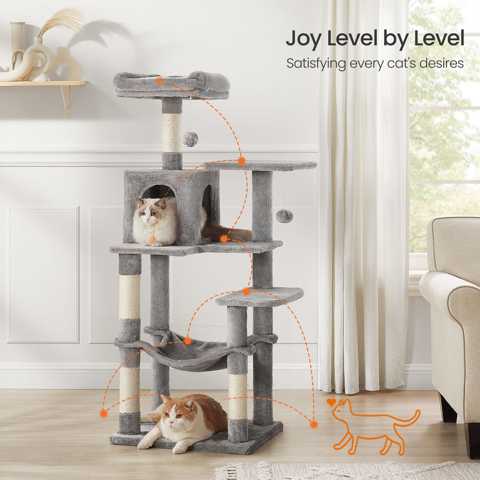 Cat Condo – Plush Fabric – Light Grey – Multi-Level with Scratching Posts and Perches