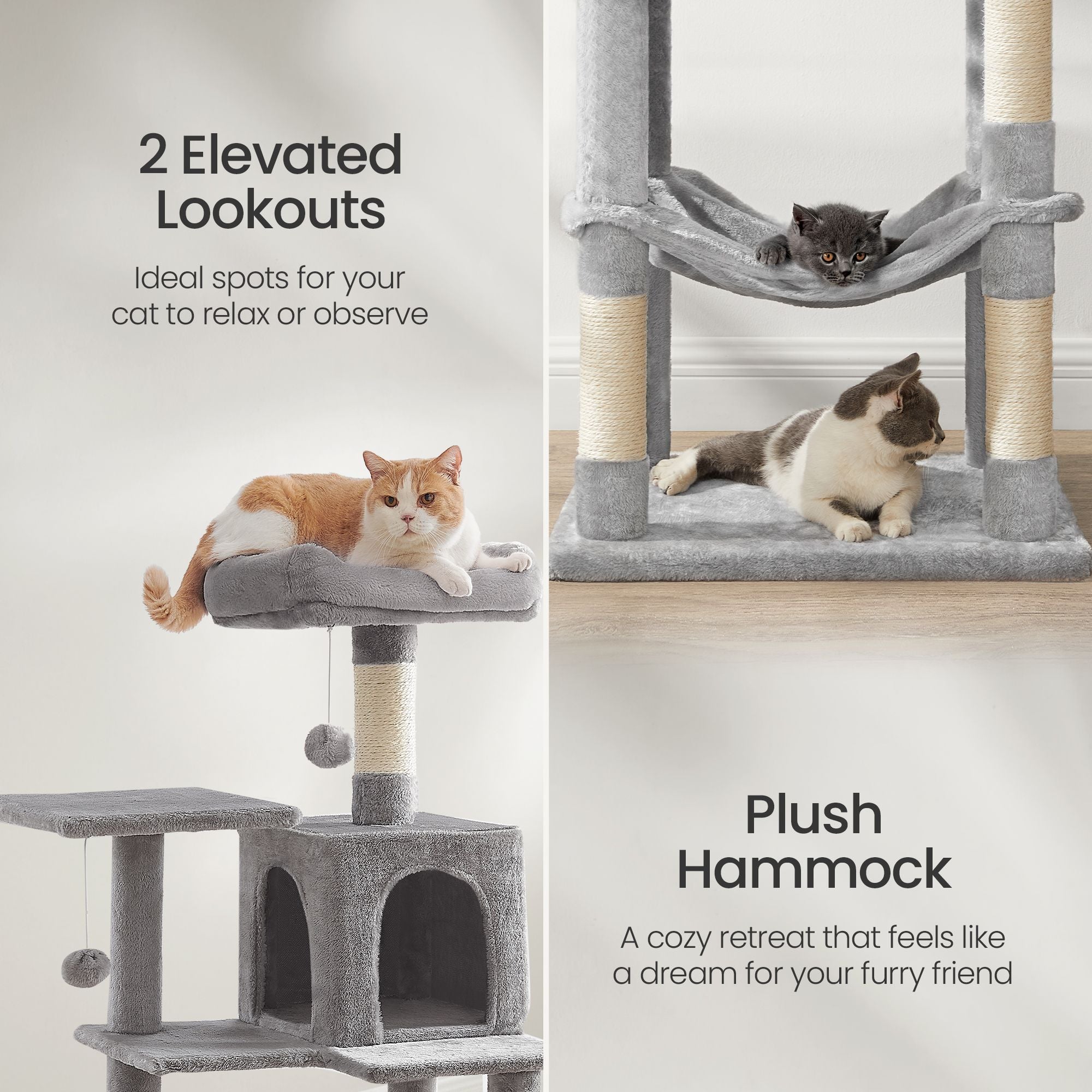 Cat Condo – Plush Fabric – Light Grey – Multi-Level with Scratching Posts and Perches