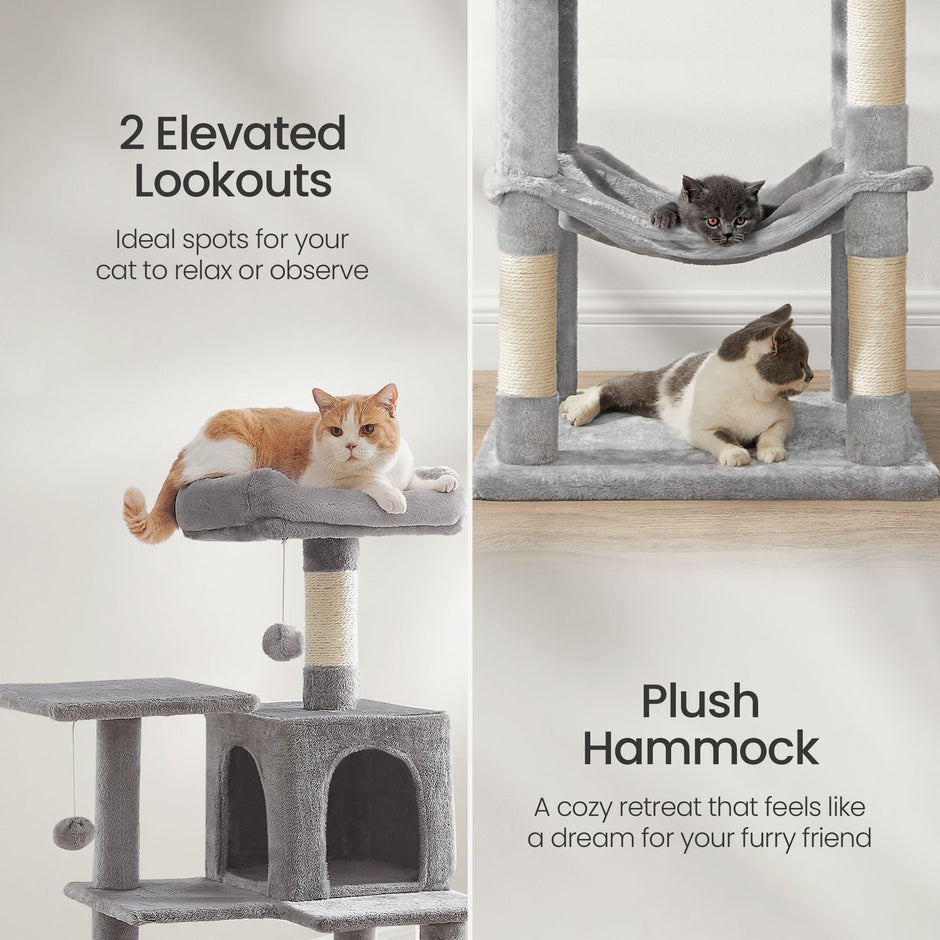 Cat Condo – Plush Fabric – Light Grey – Multi-Level with Scratching Posts and Perches