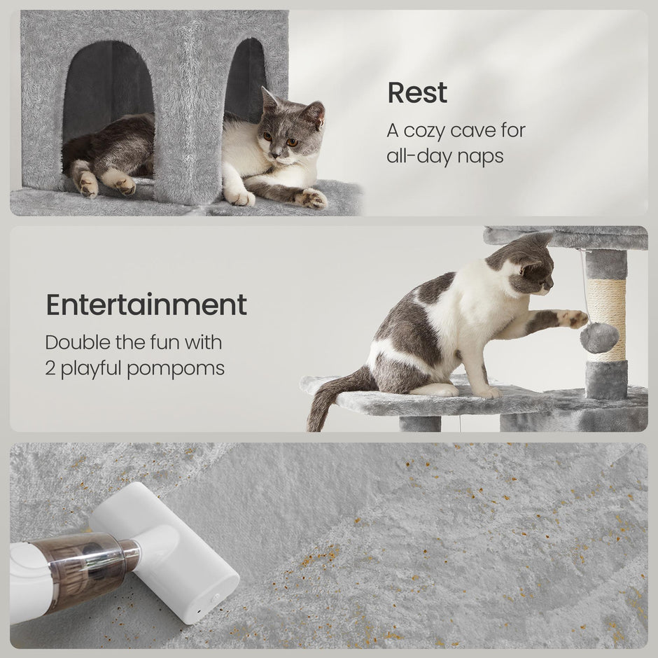 Cat Condo – Plush Fabric – Light Grey – Multi-Level with Scratching Posts and Perches