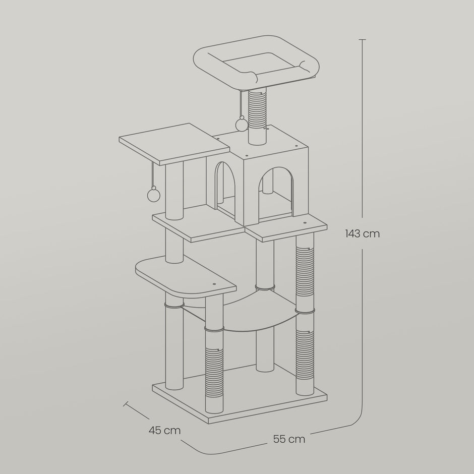 Cat Condo – Plush Fabric – Light Grey – Multi-Level with Scratching Posts and Perches