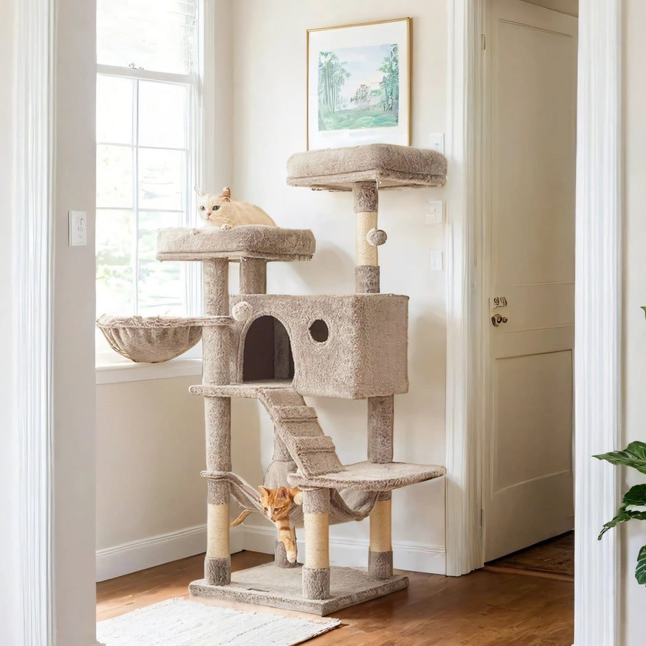 Cat Condo – Plush Fabric – Gradient Brown – Ultra-Soft with Sisal Posts
