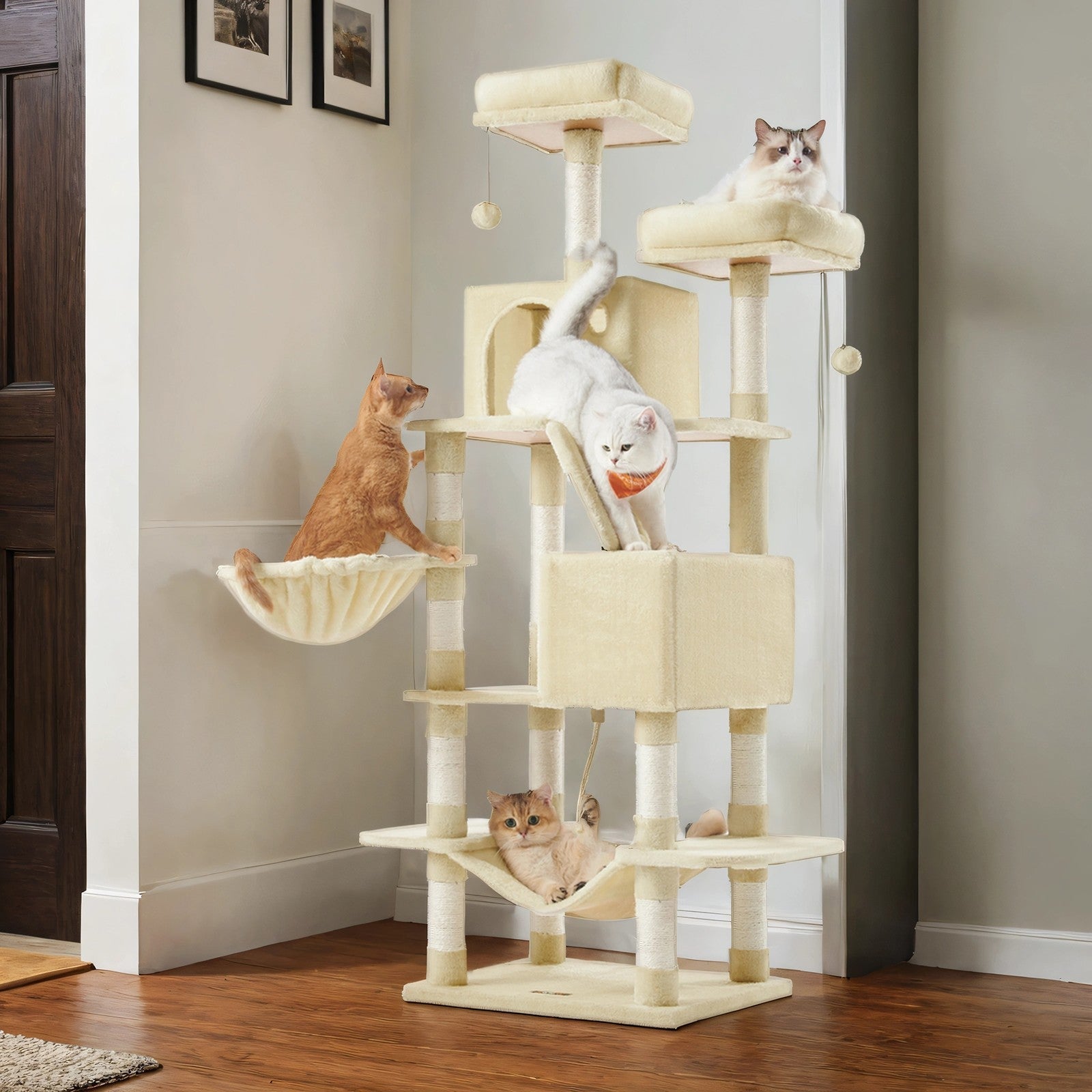 Large Cat Tree – Engineered Wood – Smoky Gray/Light Gray/Beige/Ink Black/Cream White – 13 Scratching Posts, 2 Perches, Hammock