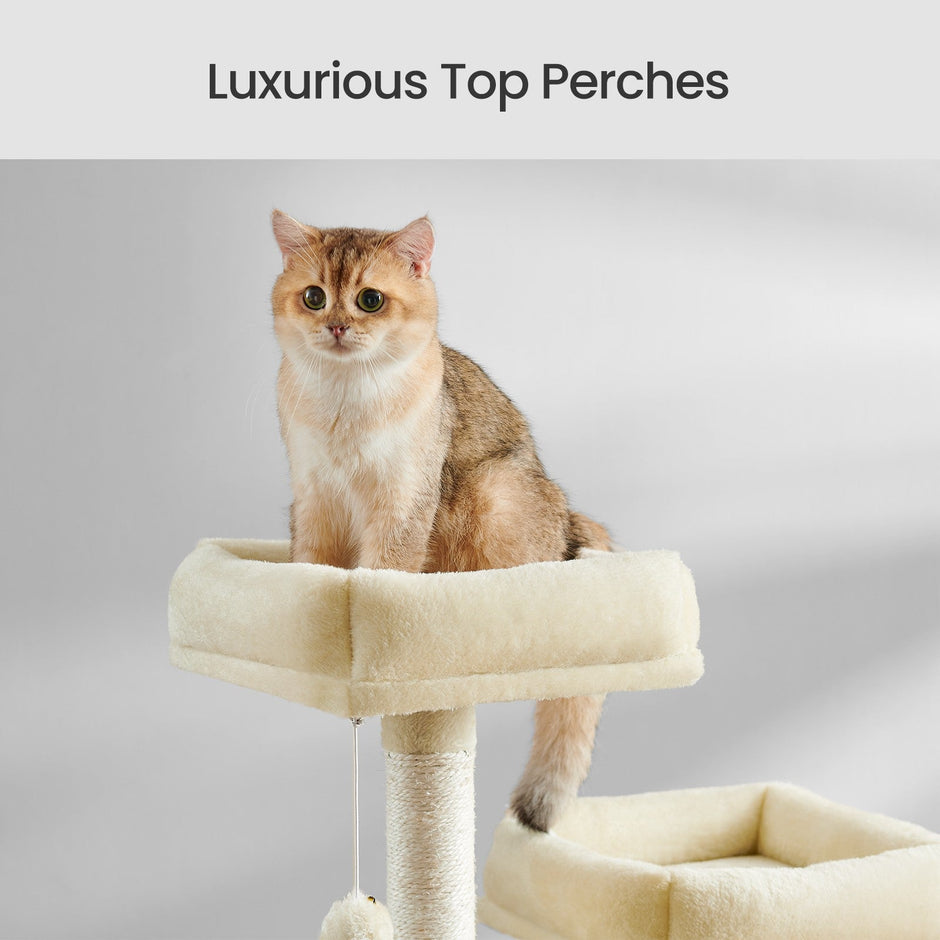 Large Cat Tree – Engineered Wood – Smoky Gray/Light Gray/Beige/Ink Black/Cream White – 13 Scratching Posts, 2 Perches, Hammock