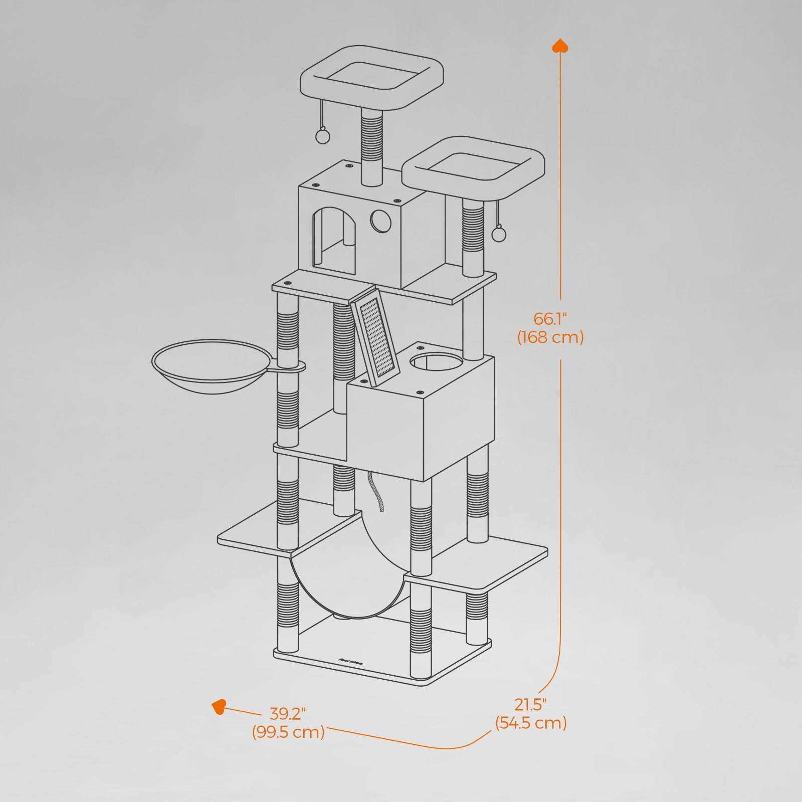 Large Cat Tree – Engineered Wood – Smoky Gray/Light Gray/Beige/Ink Black/Cream White – 13 Scratching Posts, 2 Perches, Hammock