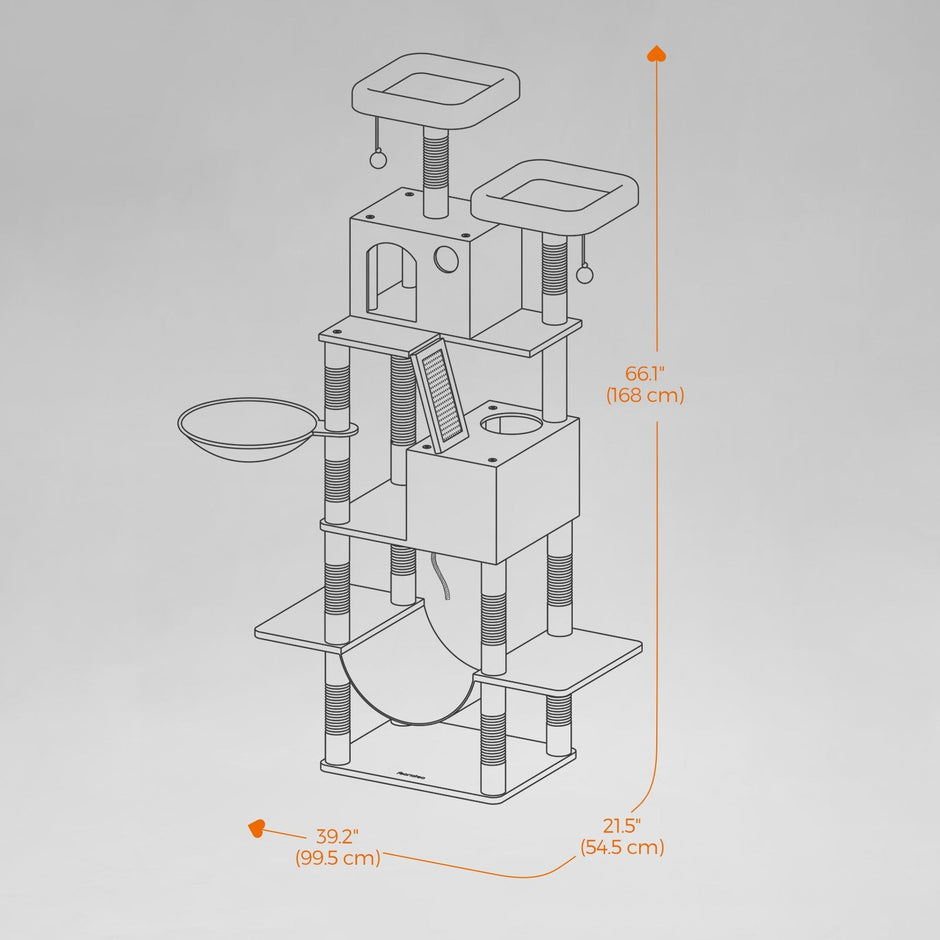 Large Cat Tree – Engineered Wood – Smoky Gray/Light Gray/Beige/Ink Black/Cream White – 13 Scratching Posts, 2 Perches, Hammock