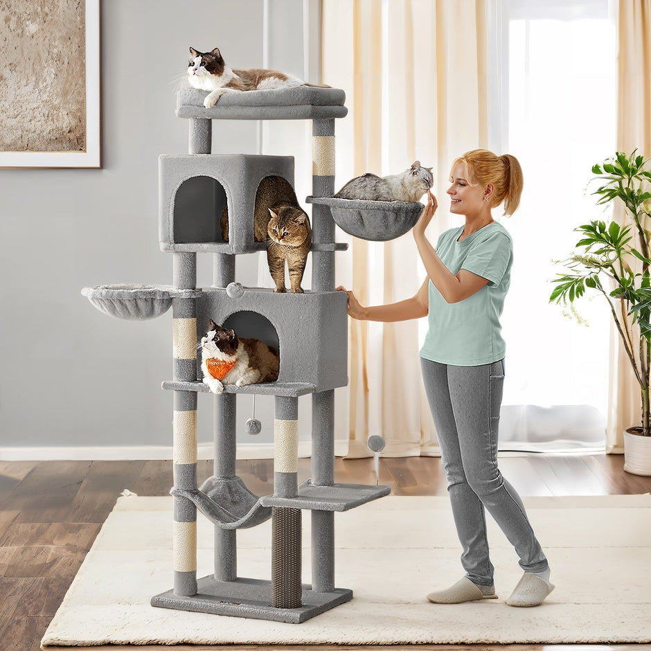 Large Cat Tree – Engineered Wood – Dark Gray/Sand Beige/Dove Gray – Multi-Level with 2 Caves and 5 Scratching Posts