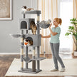 Large Cat Tree – Engineered Wood – Dark Gray/Sand Beige/Dove Gray – Multi-Level with 2 Caves and 5 Scratching Posts
