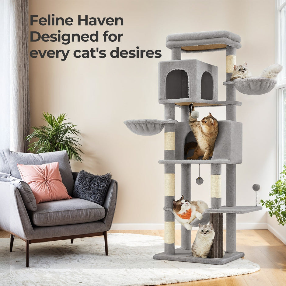 Large Cat Tree – Engineered Wood – Dark Gray/Sand Beige/Dove Gray – Multi-Level with 2 Caves and 5 Scratching Posts