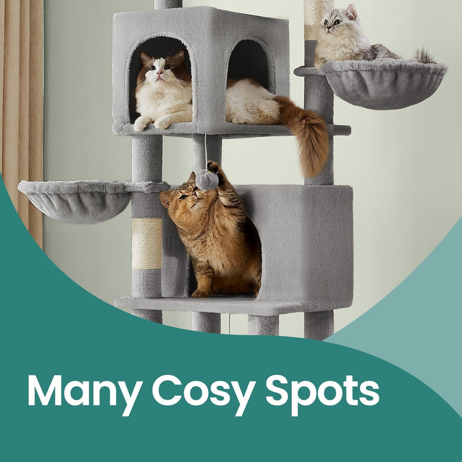Large Cat Tree – Engineered Wood – Dark Gray/Sand Beige/Dove Gray – Multi-Level with 2 Caves and 5 Scratching Posts