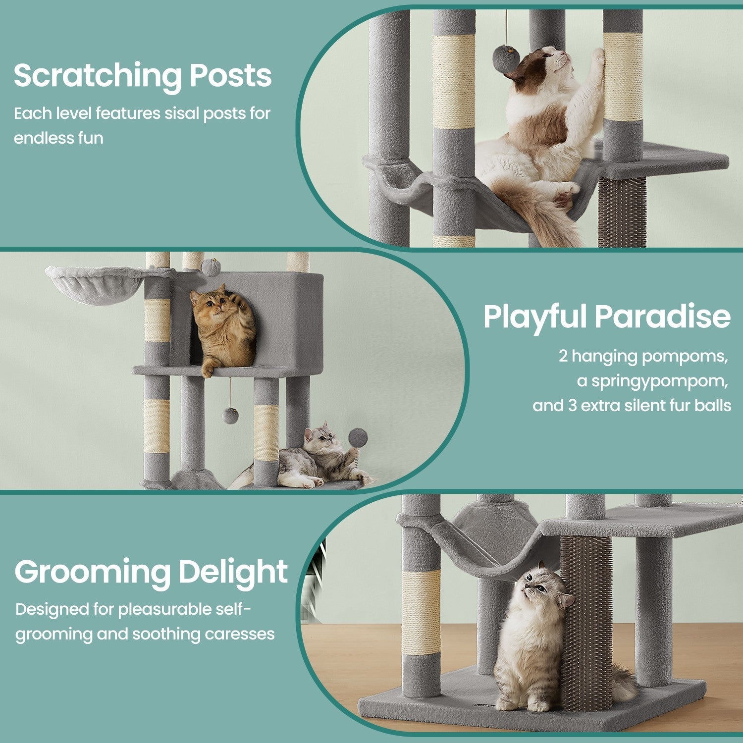 Large Cat Tree – Engineered Wood – Dark Gray/Sand Beige/Dove Gray – Multi-Level with 2 Caves and 5 Scratching Posts