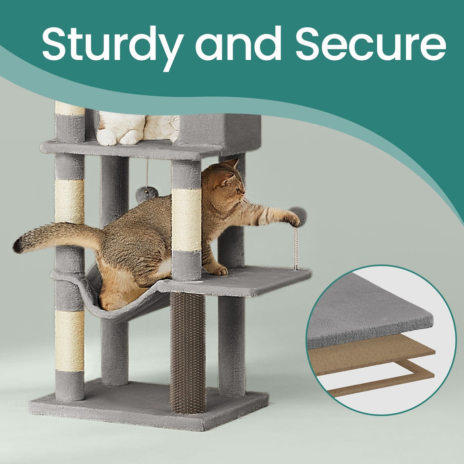 Large Cat Tree – Engineered Wood – Dark Gray/Sand Beige/Dove Gray – Multi-Level with 2 Caves and 5 Scratching Posts