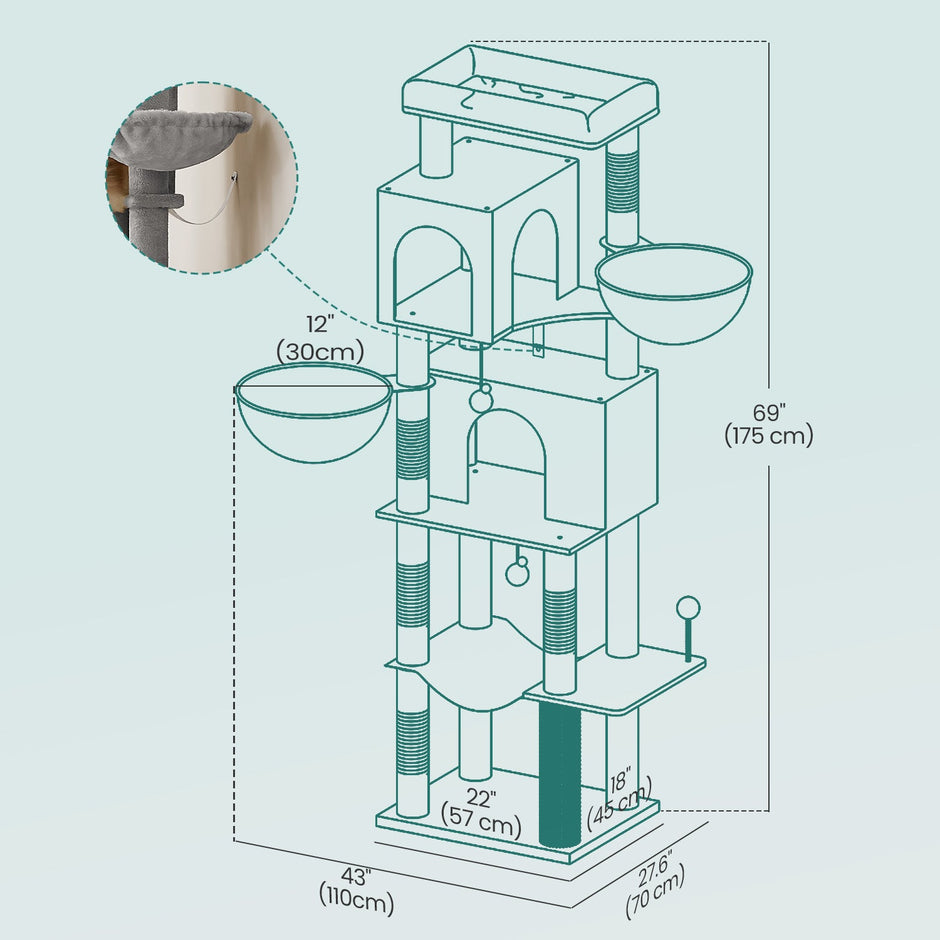 Large Cat Tree – Engineered Wood – Dark Gray/Sand Beige/Dove Gray – Multi-Level with 2 Caves and 5 Scratching Posts