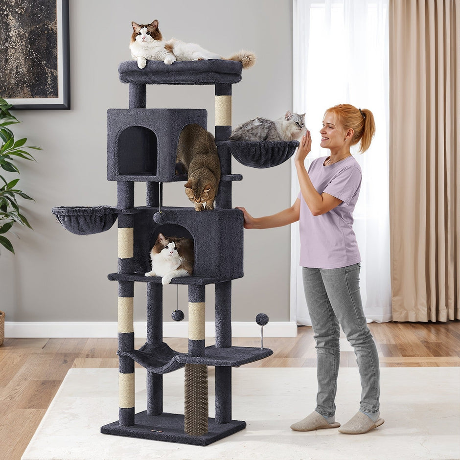 Large Cat Tree – Engineered Wood – Dark Gray/Sand Beige/Dove Gray – Multi-Level with 2 Caves and 5 Scratching Posts