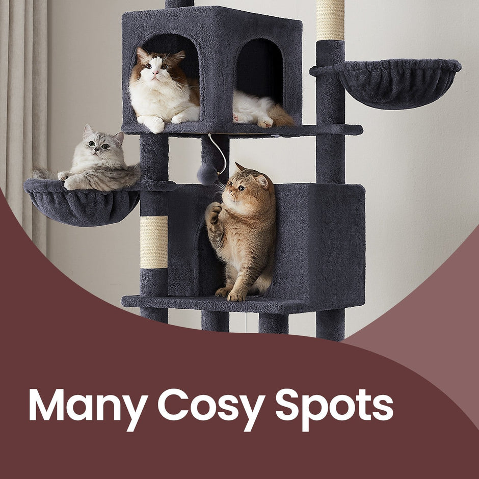 Large Cat Tree – Engineered Wood – Dark Gray/Sand Beige/Dove Gray – Multi-Level with 2 Caves and 5 Scratching Posts