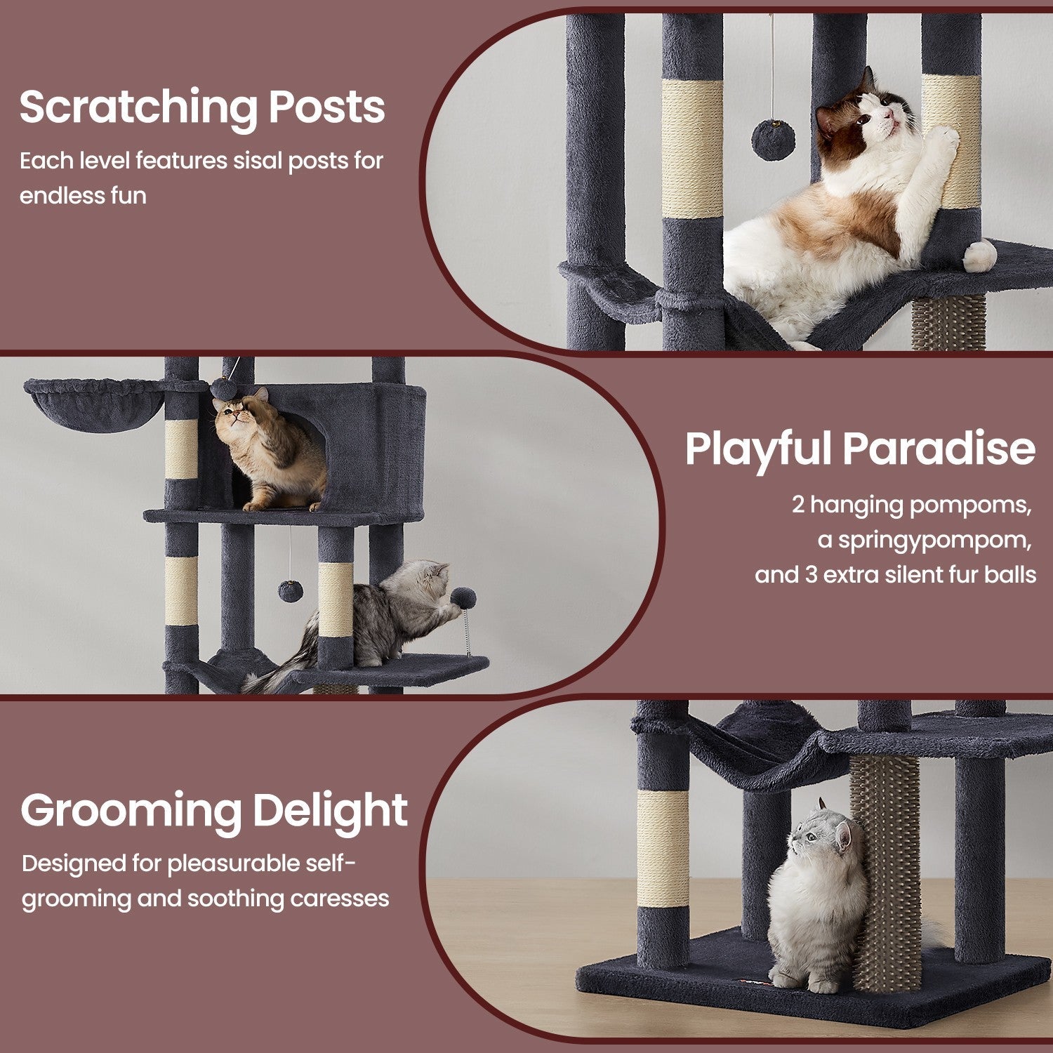 Large Cat Tree – Engineered Wood – Dark Gray/Sand Beige/Dove Gray – Multi-Level with 2 Caves and 5 Scratching Posts