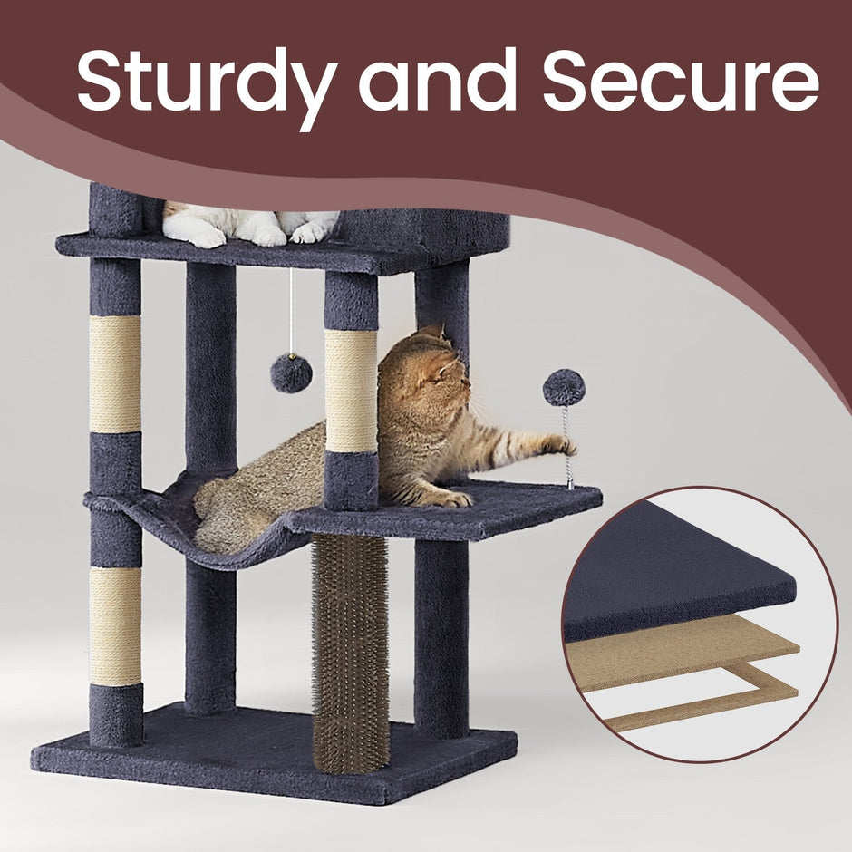 Large Cat Tree – Engineered Wood – Dark Gray/Sand Beige/Dove Gray – Multi-Level with 2 Caves and 5 Scratching Posts