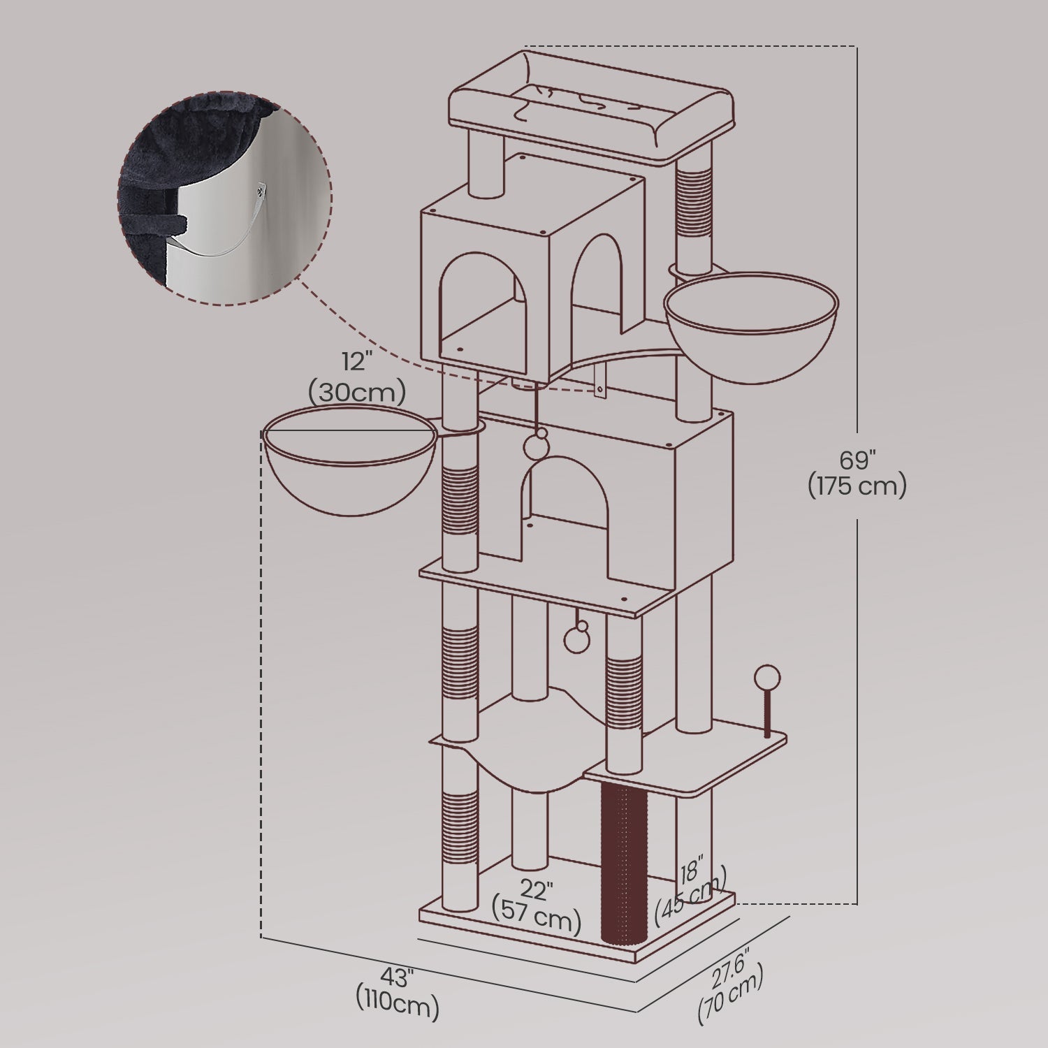 Large Cat Tree – Engineered Wood – Dark Gray/Sand Beige/Dove Gray – Multi-Level with 2 Caves and 5 Scratching Posts