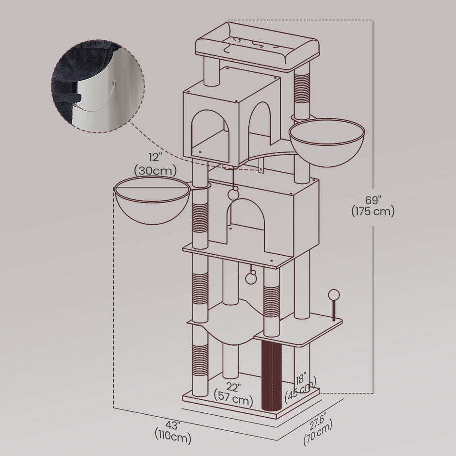 Large Cat Tree – Engineered Wood – Dark Gray/Sand Beige/Dove Gray – Multi-Level with 2 Caves and 5 Scratching Posts