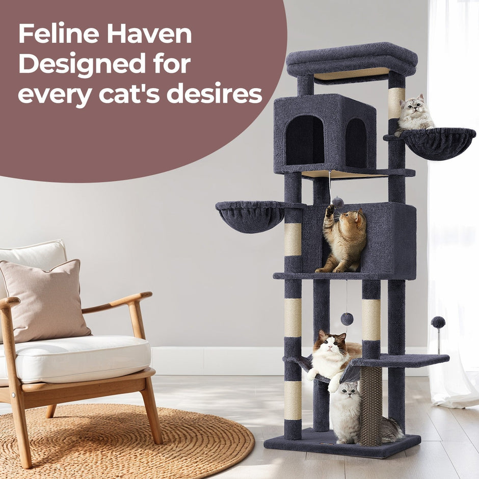 Large Cat Tree – Engineered Wood – Dark Gray/Sand Beige/Dove Gray – Multi-Level with 2 Caves and 5 Scratching Posts