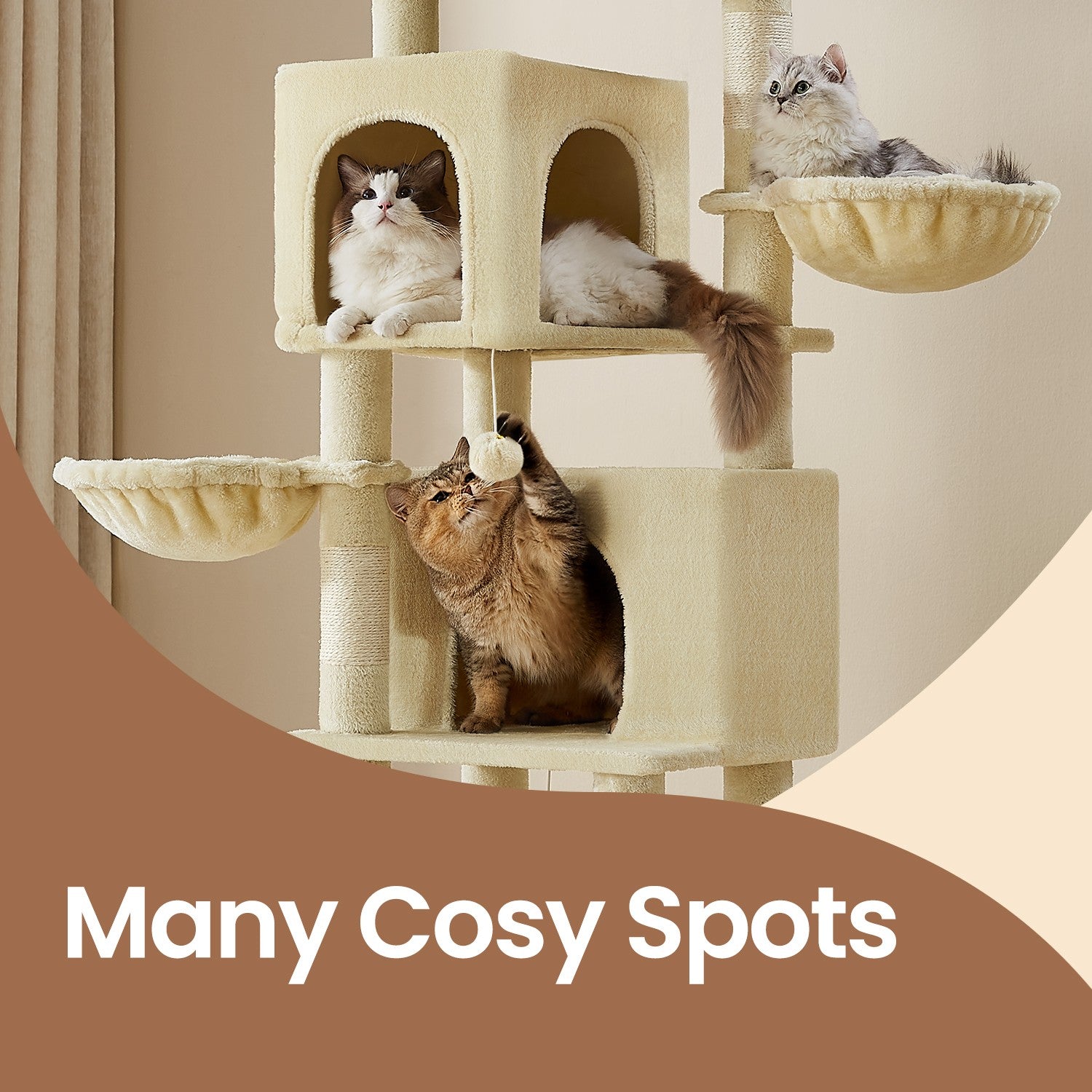 Large Cat Tree – Engineered Wood – Dark Gray/Sand Beige/Dove Gray – Multi-Level with 2 Caves and 5 Scratching Posts