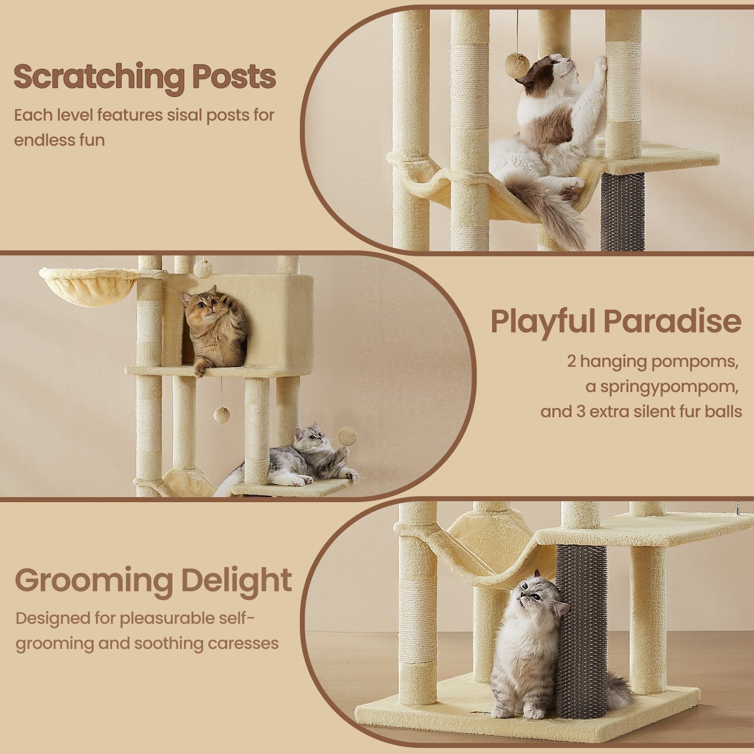 Large Cat Tree – Engineered Wood – Dark Gray/Sand Beige/Dove Gray – Multi-Level with 2 Caves and 5 Scratching Posts