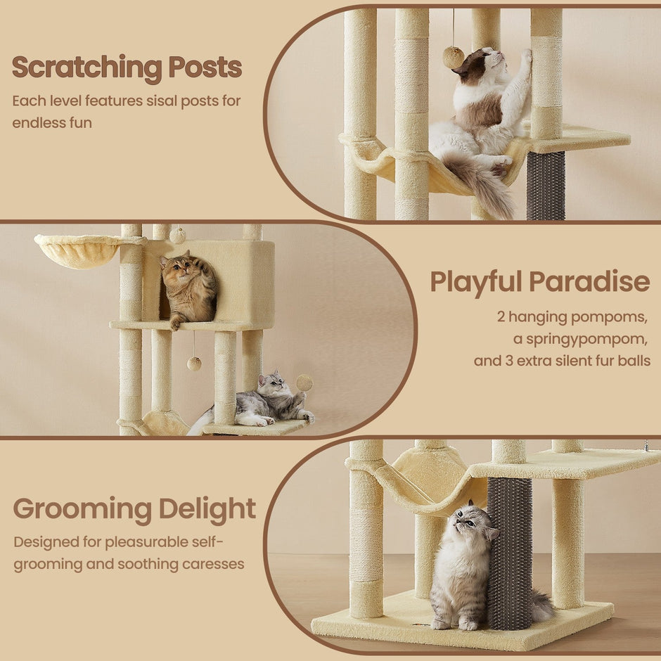 Large Cat Tree – Engineered Wood – Dark Gray/Sand Beige/Dove Gray – Multi-Level with 2 Caves and 5 Scratching Posts