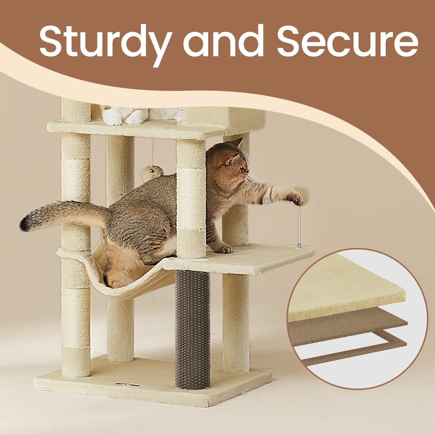 Large Cat Tree – Engineered Wood – Dark Gray/Sand Beige/Dove Gray – Multi-Level with 2 Caves and 5 Scratching Posts