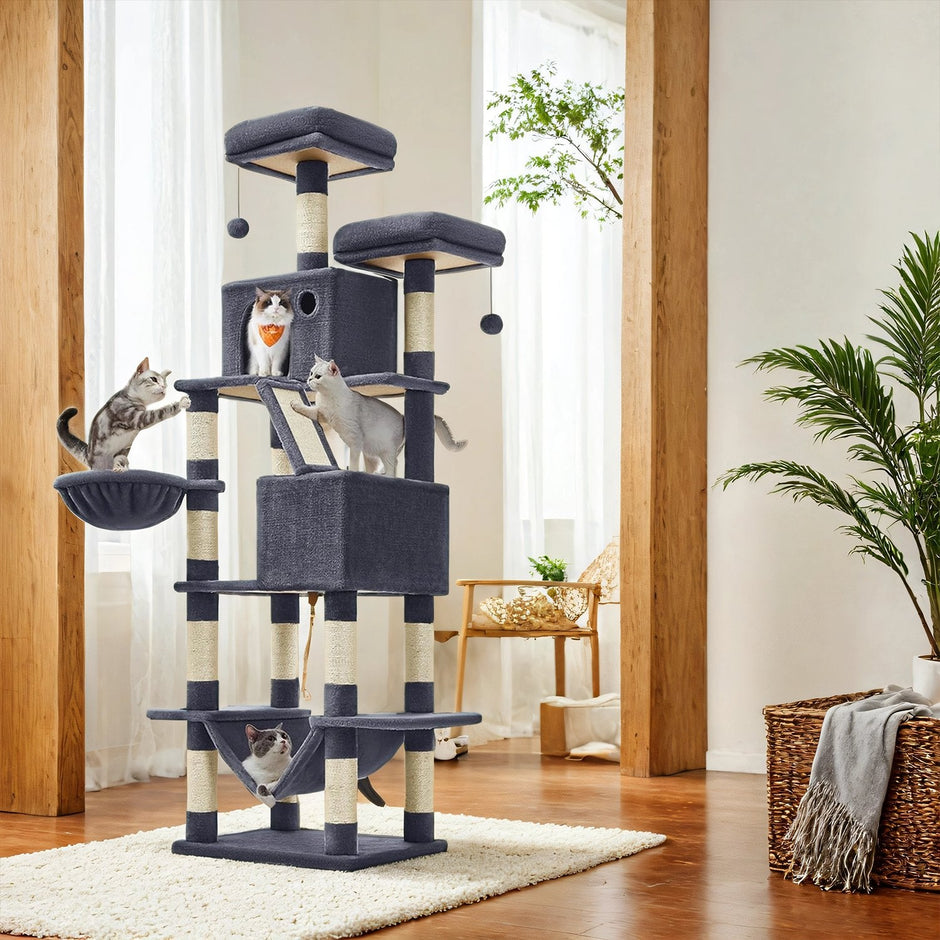 Cat Tree Tower – MDF & Faux Fleece – Dark Grey – Includes 13 Scratching Posts, 2 Perches, and Hammock