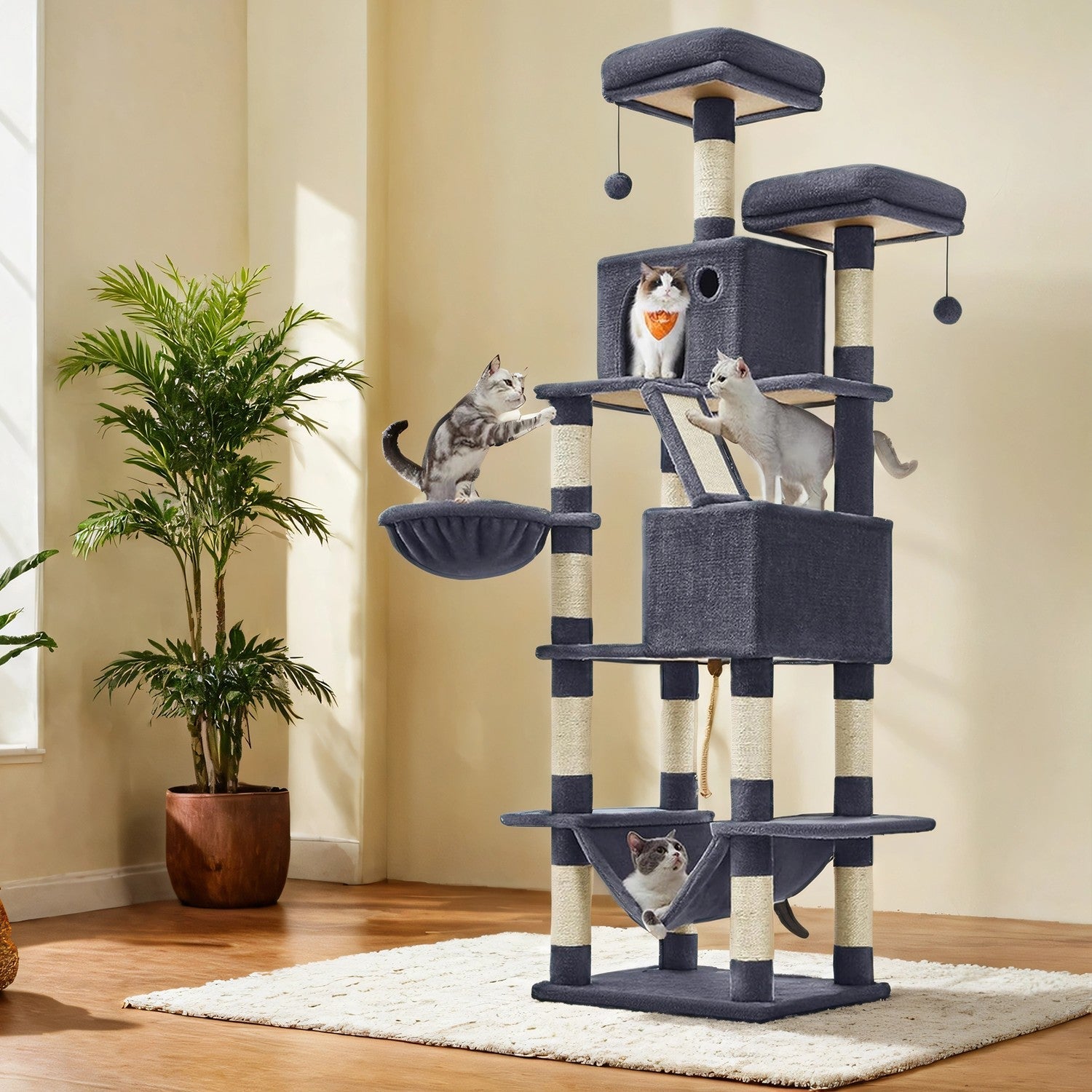 Cat Tree Tower – MDF & Faux Fleece – Dark Grey – Includes 13 Scratching Posts, 2 Perches, and Hammock