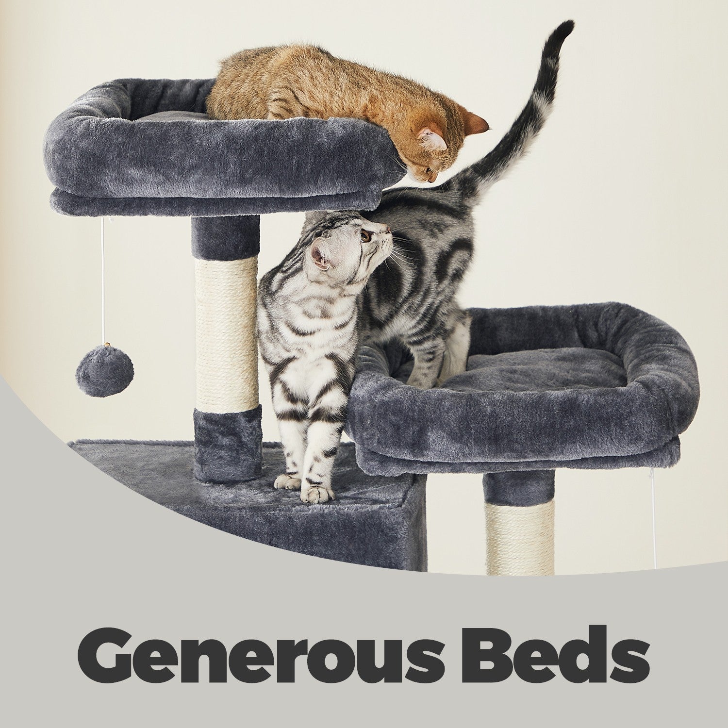 Cat Tree Tower – MDF & Faux Fleece – Dark Grey – Includes 13 Scratching Posts, 2 Perches, and Hammock
