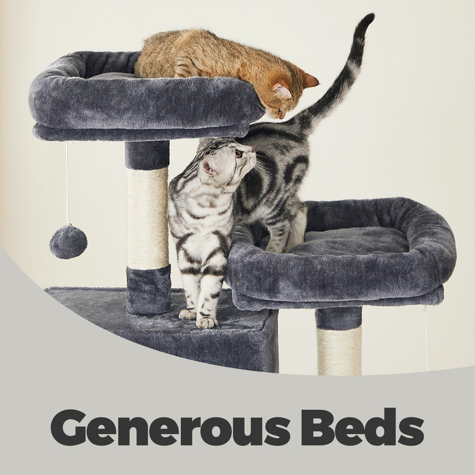 Cat Tree Tower – MDF & Faux Fleece – Dark Grey – Includes 13 Scratching Posts, 2 Perches, and Hammock