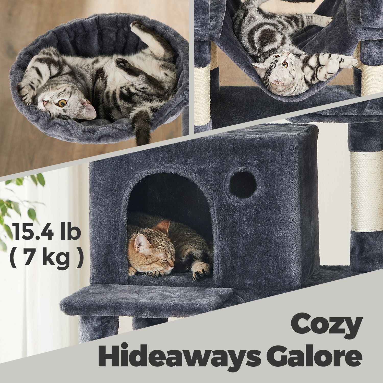 Cat Tree Tower – MDF & Faux Fleece – Dark Grey – Includes 13 Scratching Posts, 2 Perches, and Hammock