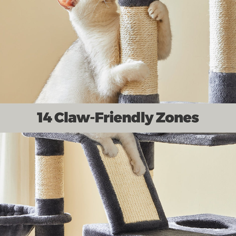 Cat Tree Tower – MDF & Faux Fleece – Dark Grey – Includes 13 Scratching Posts, 2 Perches, and Hammock