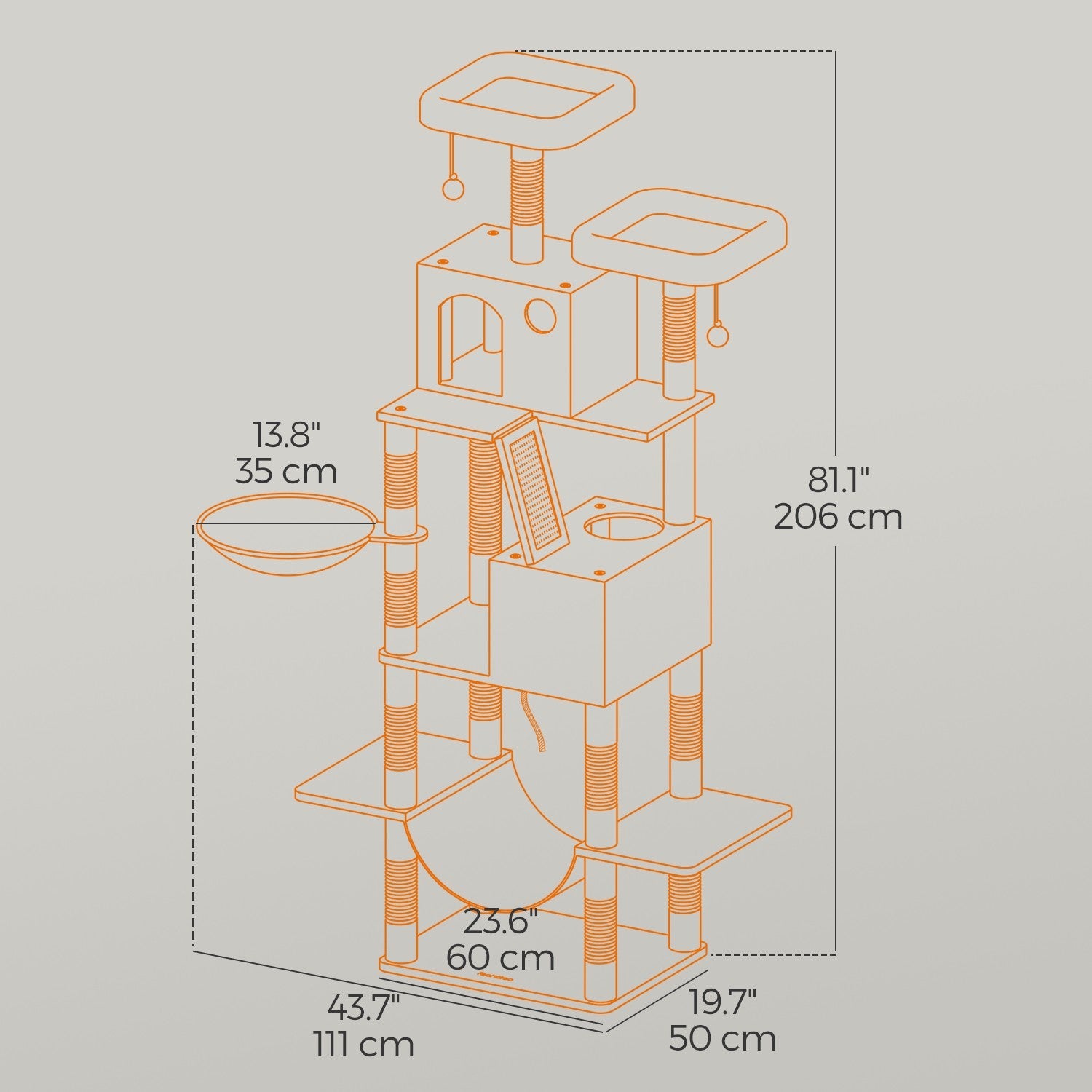 Cat Tree Tower – MDF & Faux Fleece – Dark Grey – Includes 13 Scratching Posts, 2 Perches, and Hammock