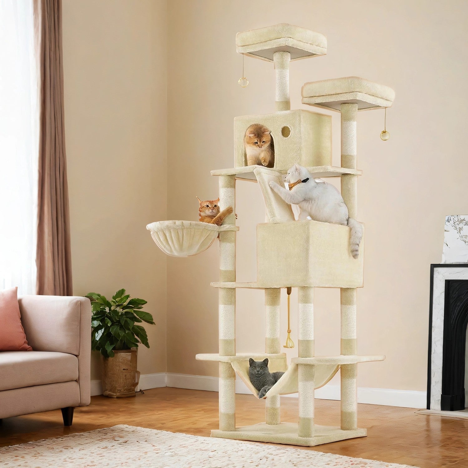 Cat Tree Tower – Engineered Wood – Beige – Large with 13 Scratching Posts, 2 Perches, and a Hammock for Multi-Cat Households