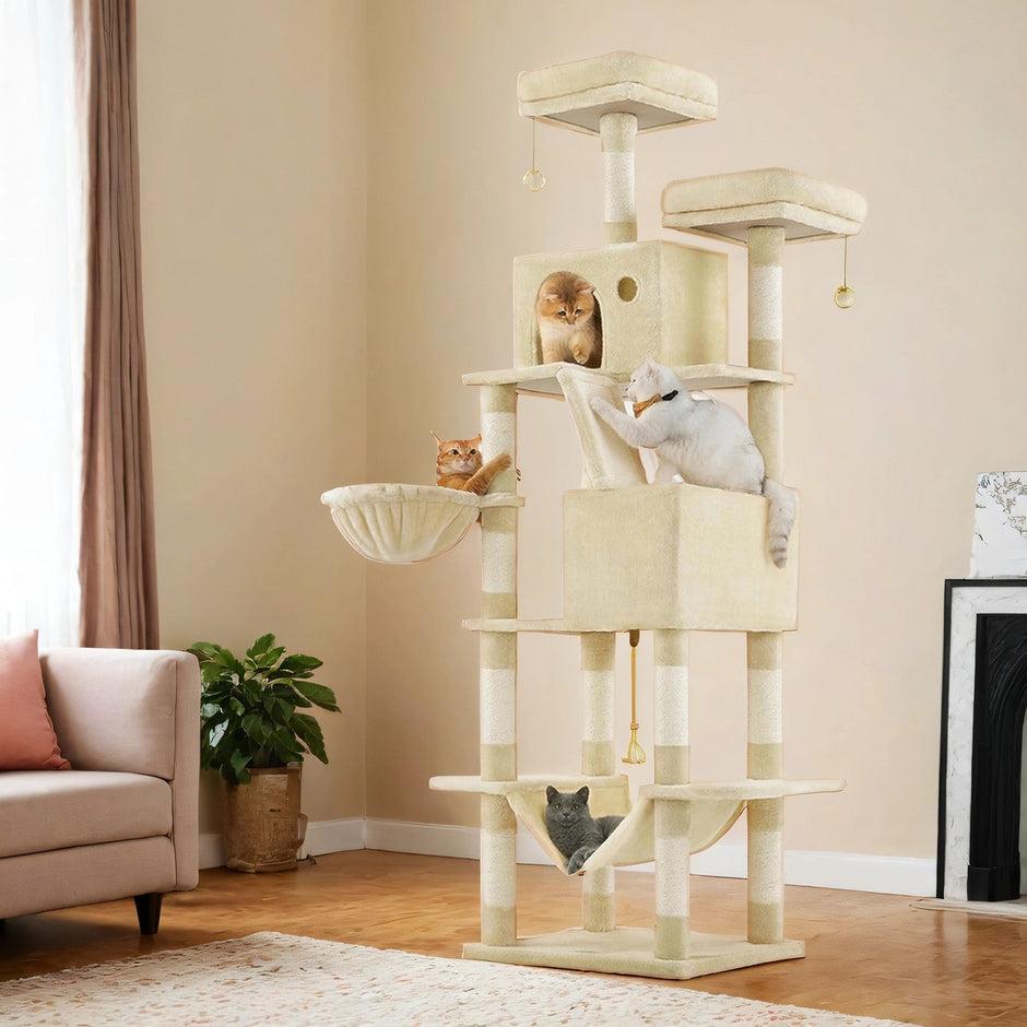 Cat Tree Tower – Engineered Wood – Beige – Large with 13 Scratching Posts, 2 Perches, and a Hammock for Multi-Cat Households
