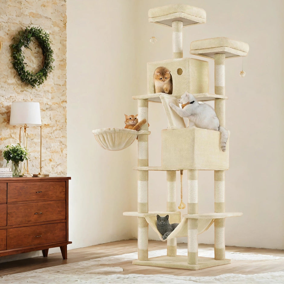 Cat Tree Tower – Engineered Wood – Beige – Large with 13 Scratching Posts, 2 Perches, and a Hammock for Multi-Cat Households