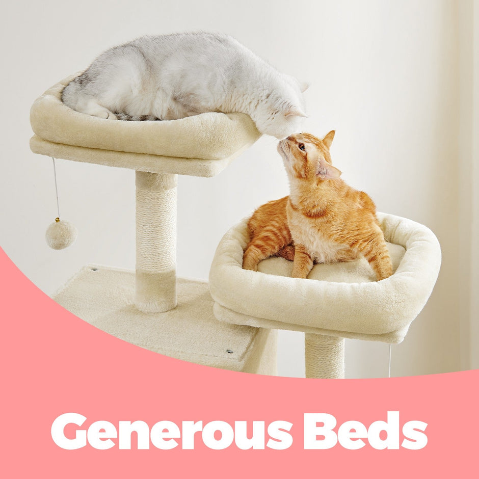 Cat Tree Tower – Engineered Wood – Beige – Large with 13 Scratching Posts, 2 Perches, and a Hammock for Multi-Cat Households