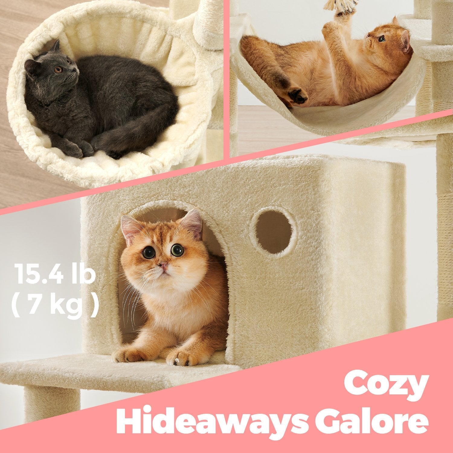 Cat Tree Tower – Engineered Wood – Beige – Large with 13 Scratching Posts, 2 Perches, and a Hammock for Multi-Cat Households