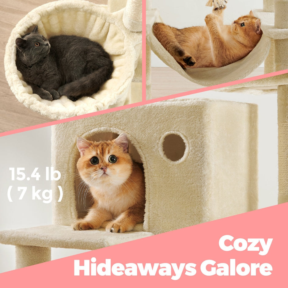 Cat Tree Tower – Engineered Wood – Beige – Large with 13 Scratching Posts, 2 Perches, and a Hammock for Multi-Cat Households