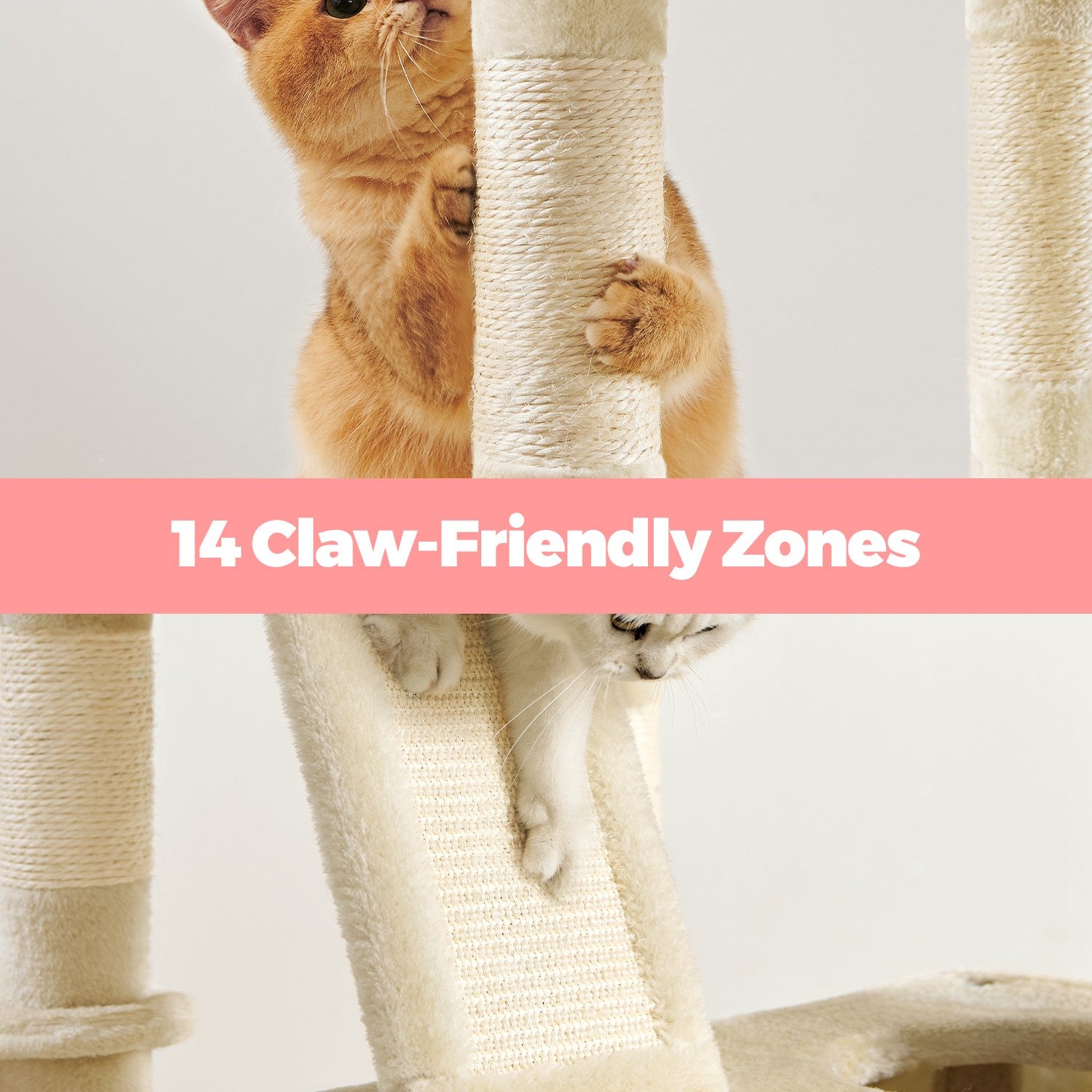 Cat Tree Tower – Engineered Wood – Beige – Large with 13 Scratching Posts, 2 Perches, and a Hammock for Multi-Cat Households