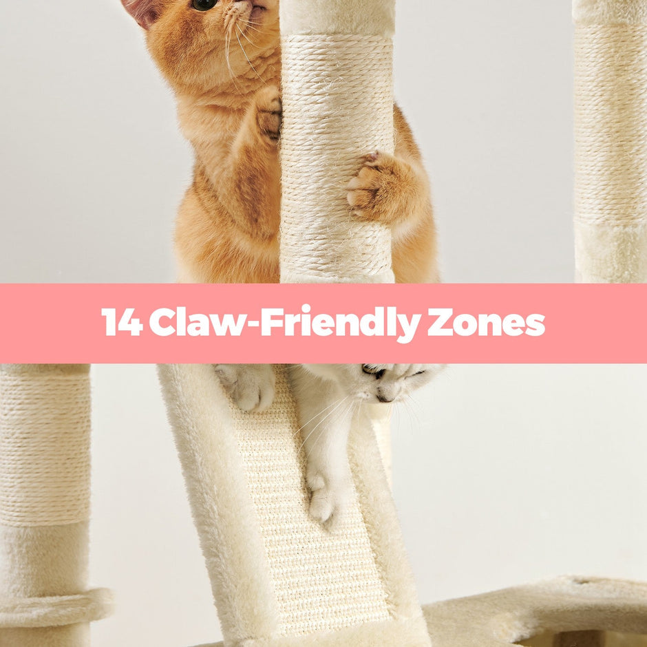 Cat Tree Tower – Engineered Wood – Beige – Large with 13 Scratching Posts, 2 Perches, and a Hammock for Multi-Cat Households