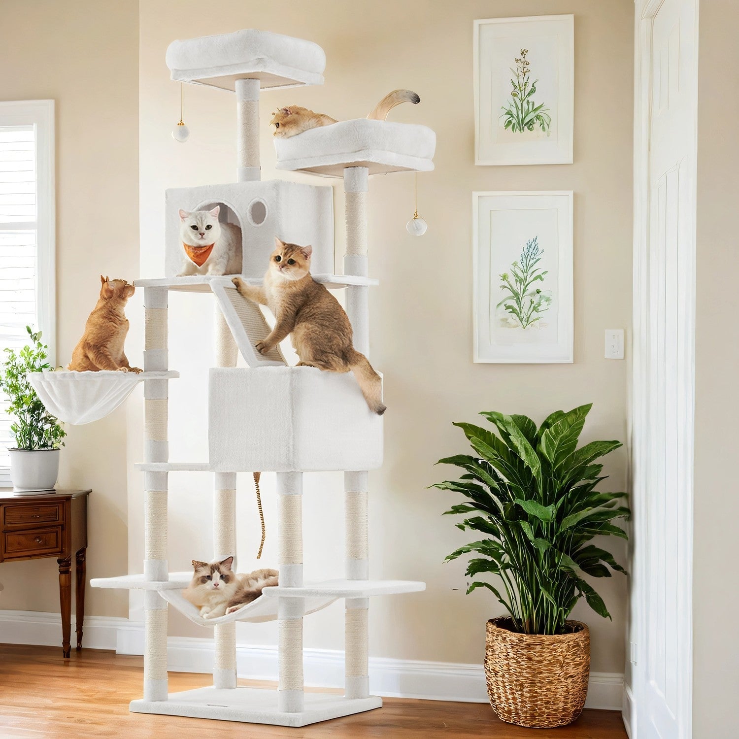 XL Cat Tree Tower – Engineered Wood – Cream White – 13 Scratching Posts, 2 Perches, and Hammock for Multi-Cat Households