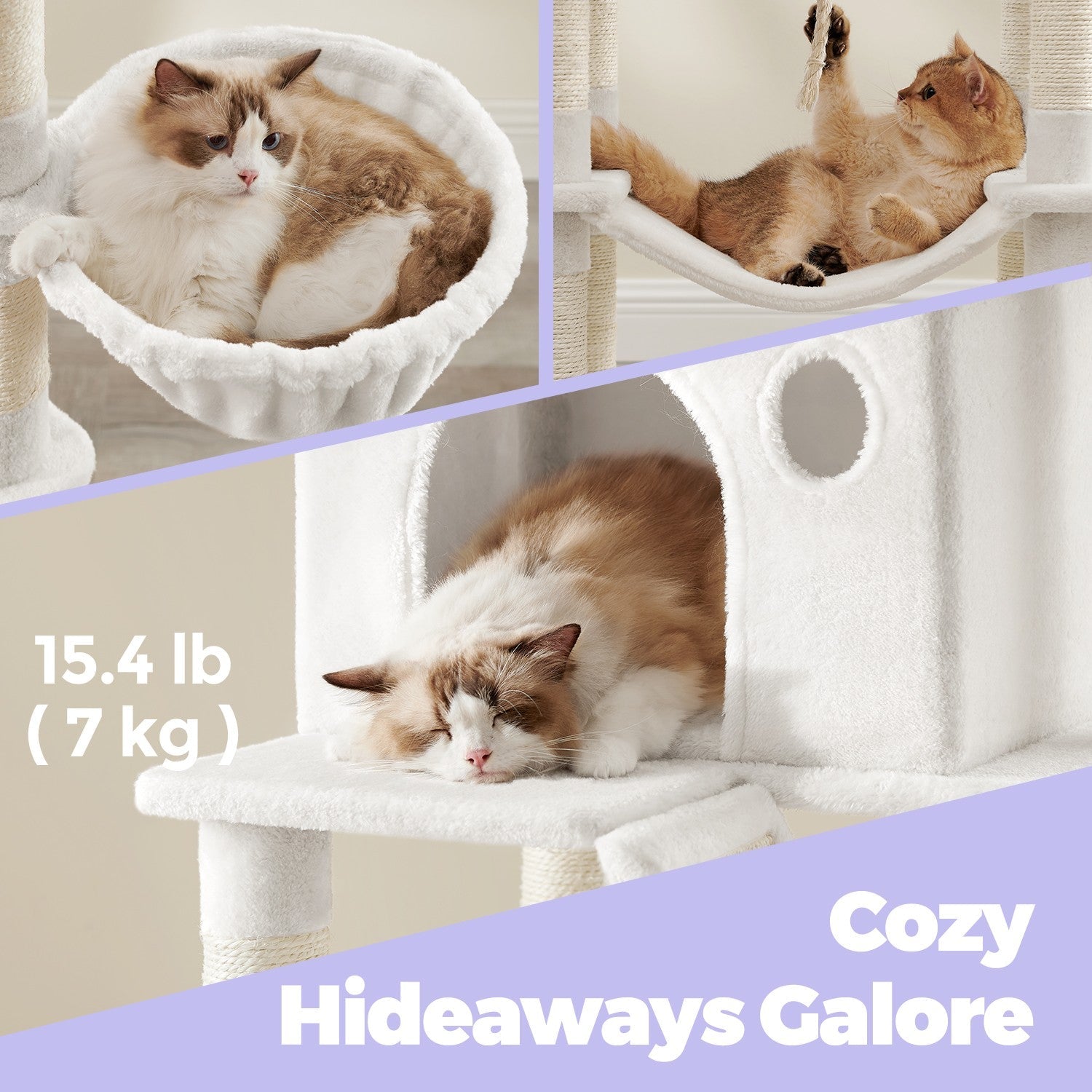 XL Cat Tree Tower – Engineered Wood – Cream White – 13 Scratching Posts, 2 Perches, and Hammock for Multi-Cat Households