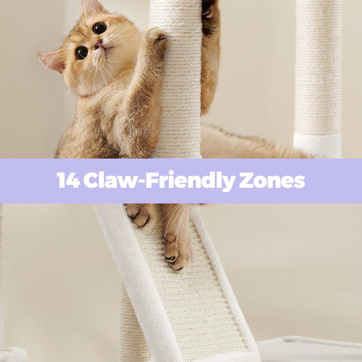 XL Cat Tree Tower – Engineered Wood – Cream White – 13 Scratching Posts, 2 Perches, and Hammock for Multi-Cat Households