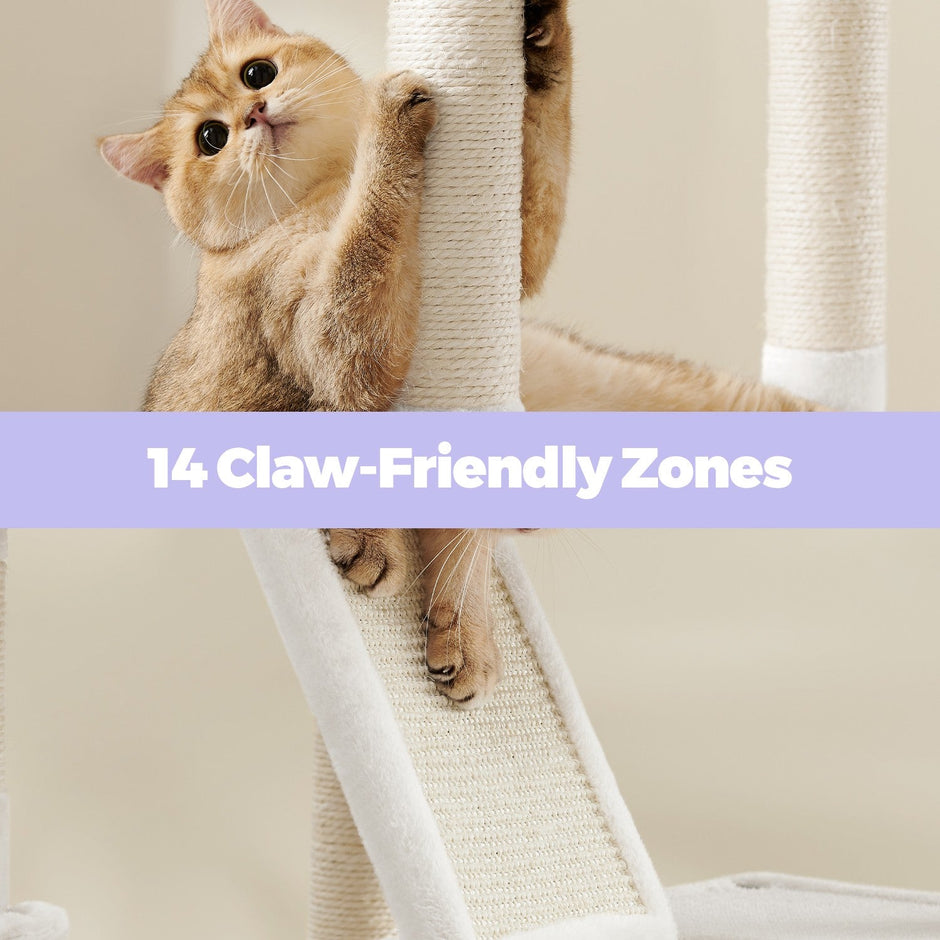 XL Cat Tree Tower – Engineered Wood – Cream White – 13 Scratching Posts, 2 Perches, and Hammock for Multi-Cat Households